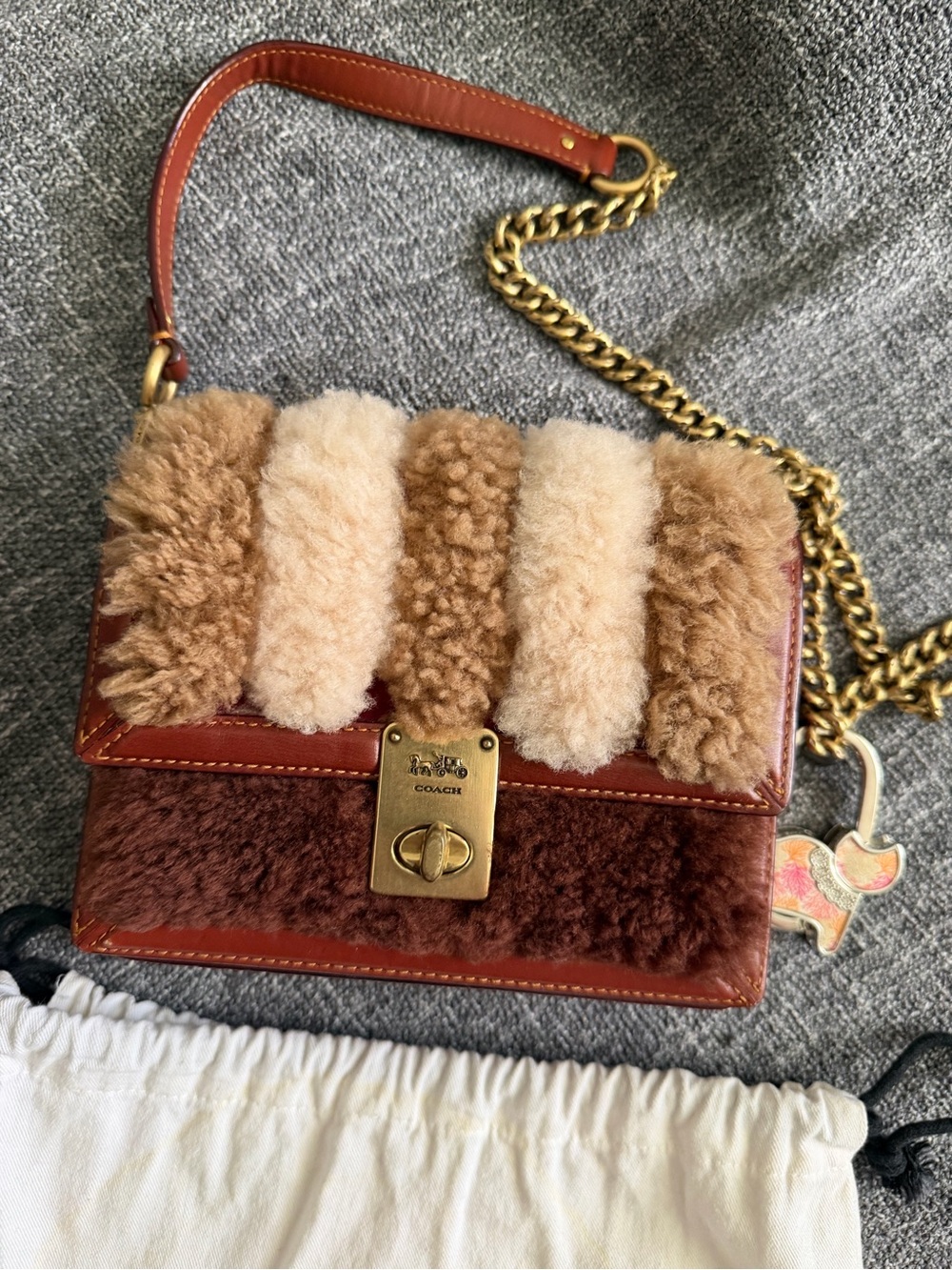 Coach Multi-Tone Shearling and Leather Crossbody — Brown & Cream